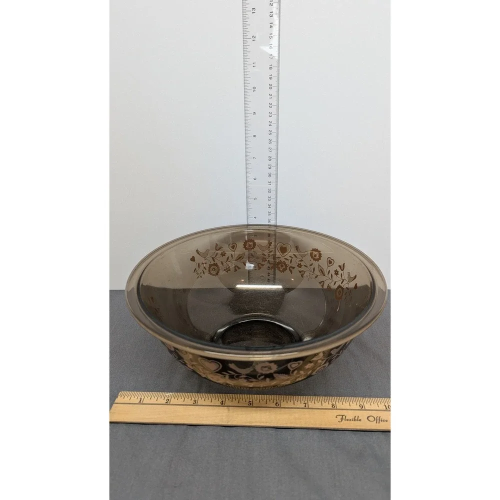 Pyrex Visions 325 2.5L Amber Glass Folk Art Birds Mixing Bowl Vintage Brown